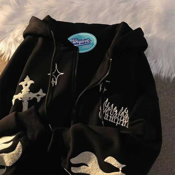 

women's hoodies sweatshirts flame embroidered ladies harajuku sweatshirt vintage letter loose casual streetwear long sleeve y2302, Black