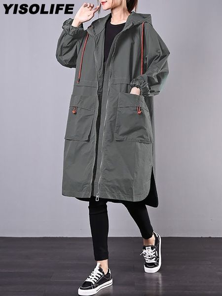 

women's trench coats autumn trench clothes women spring fall loose plus size mid-length casual hooded women's trench coats and jac, Tan;black