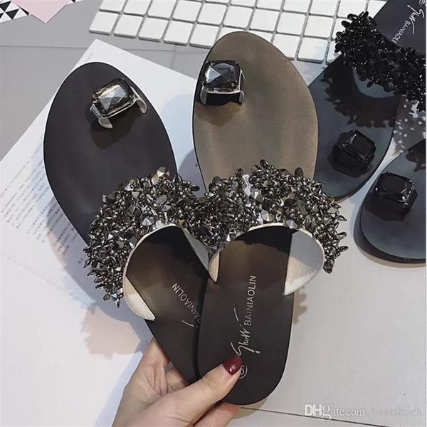 

designer women slippers crystal flowers sandal with rhinestone summer beach slipper flip flops sandals fashion ladies flats 2606, Black