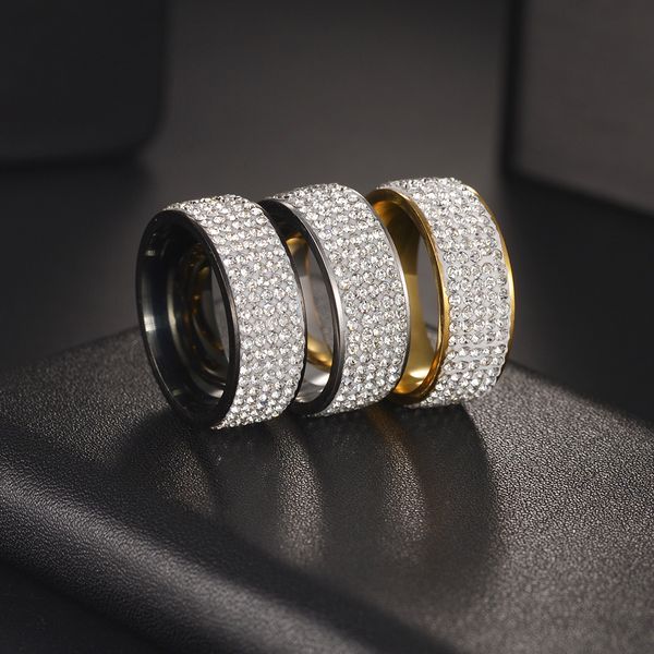 

8mm electroplated stainless steel five row diamond ring wholesale, Silver