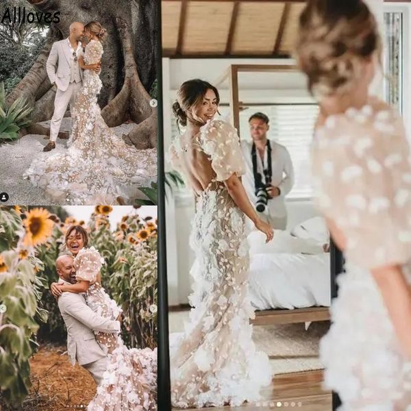 

embroidered floral lace mermaid wedding dresses country bohemian puff short sleeves fishtail vestidos de novia plus size backless bridal gow, White