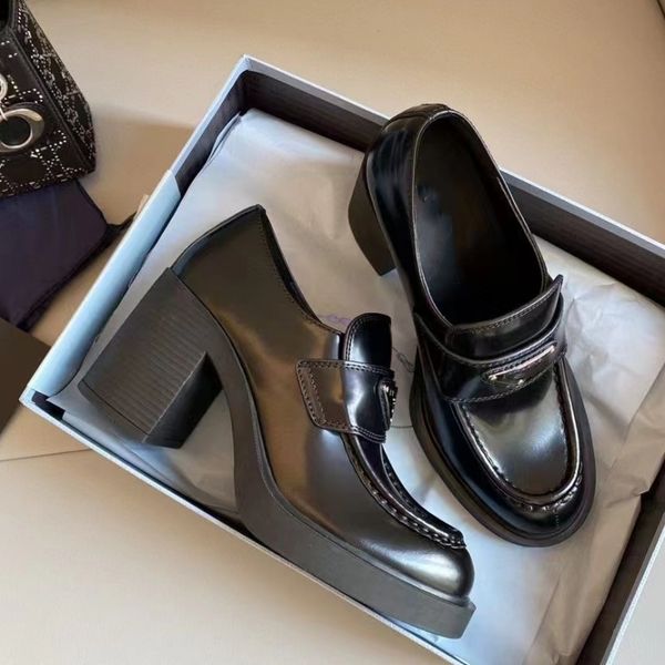 

triangle logo womens shoes designer casual overall black leather shoe add platform high heels classic patent light loafers formal women shoe