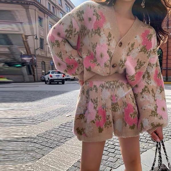 

women's two piece pants sweet floral pieces knitting suit for women spring autumn v neck cardigan outwear high waist shorts lady street, White