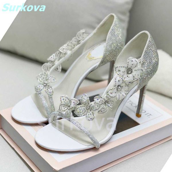 

bling flower sandals round toe thin high heels cover heel slip on stilettos summer fashion women shoes luxury 220202, Black
