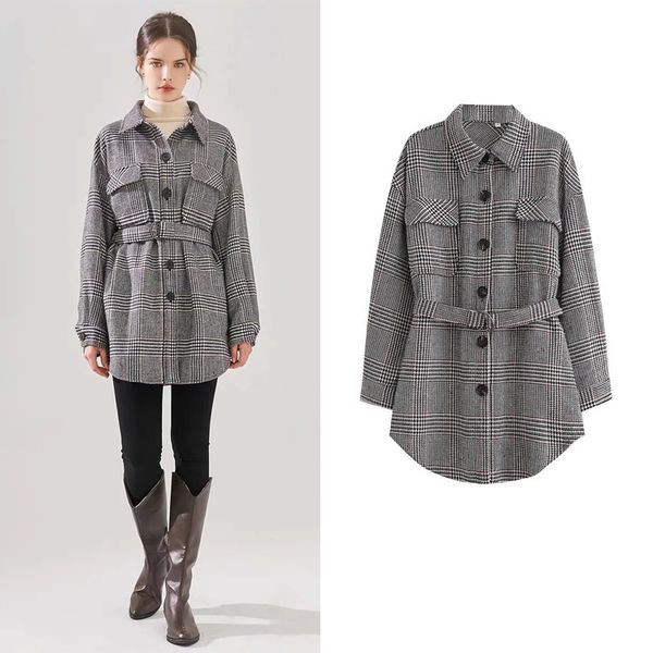 

women's jackets temperament light familiar style pattern belt decorative wool coat loose thin lapel women jacket 230202, Black;brown