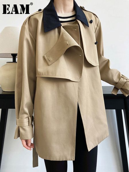 

women's jackets eam loose fit khaki colorblock big size jacket lapel long sleeve women coat fashion spring autumn 2023 1df09 230202, Black;brown