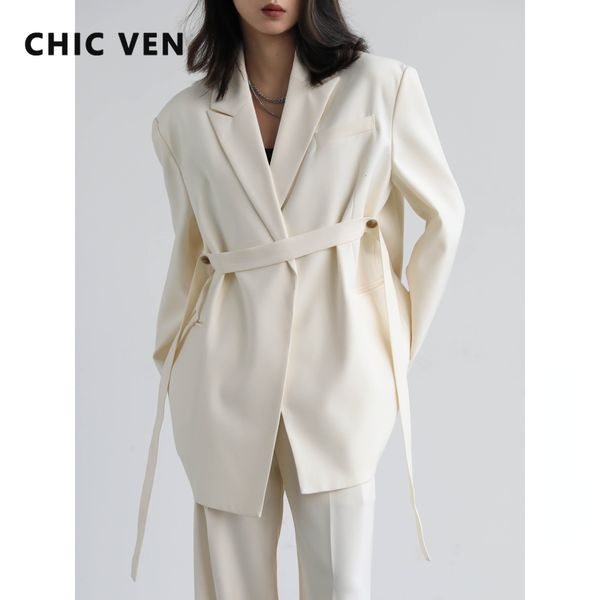 

womens suits blazers chic ven women blazer design wide shoulder ribbon solid medium long coat office lady female overcoat spring autumn 2302, White;black