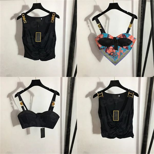 

2023Womens Designers T Shirts Bustier Underwear With Metal Badge Sexy Deep V Denim Sling Tube Tops Women Clothing Q7