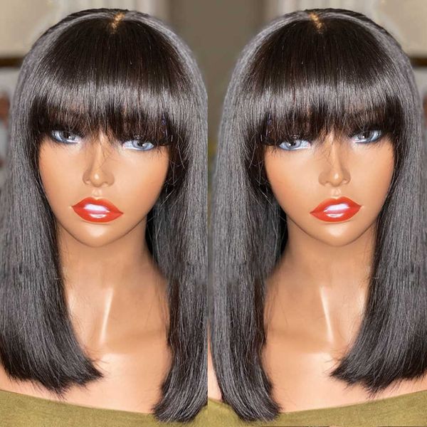 

nxy lace wigs bone straight short bob wig with bangs virgin brazilian human hair for women glueless full machine made 230106, Black;brown