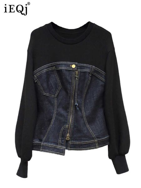 

women's hoodies sweatshirts ieqj asymmetric zipper denim splicing fake two-piece design sense sweatshirt coat for women 2023 autumn new, Black