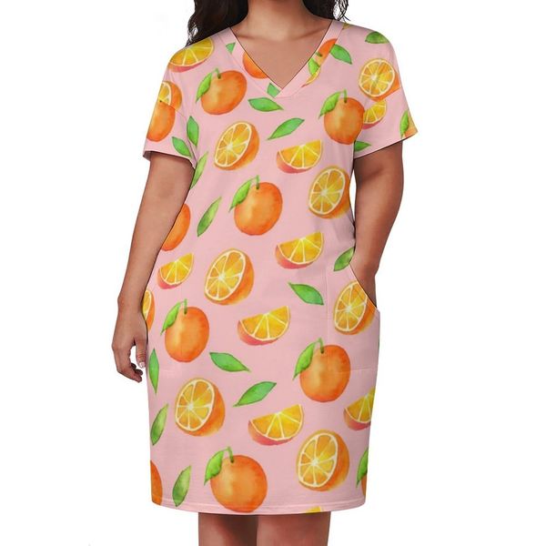 

plus size dresses watercolor oranges casual summer fresh fruit print cute female v neck pattern street style size 5xl 230202, Black