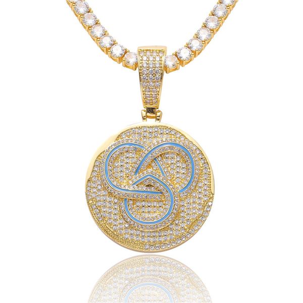 

iced out zircon diamond round pendant necklace gold silver plated with rope chain