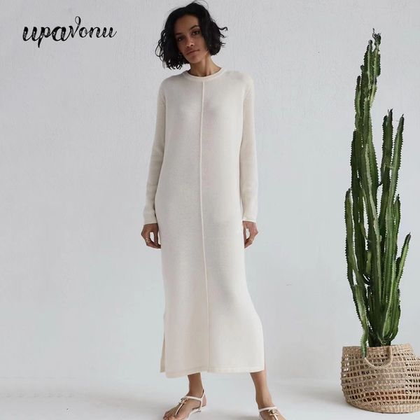 

casual dresses midi knit womens oneck long sleeve split straight autumn pure color vestidos 230202, Black;gray