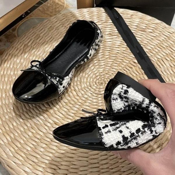 

designer women shoes black leather cap toe bow scrunch ballet flats tweed slip on loafers casual sneakers 2023 dance shoe wedding party luxu