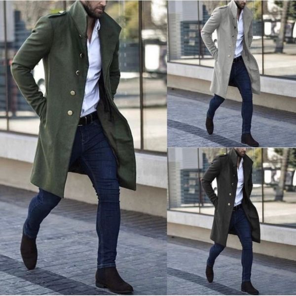 

men's trench coats autumn and winter woolen stand collar metal buckle decoration midlength pocket casual trend slim coat 230202, Tan;black