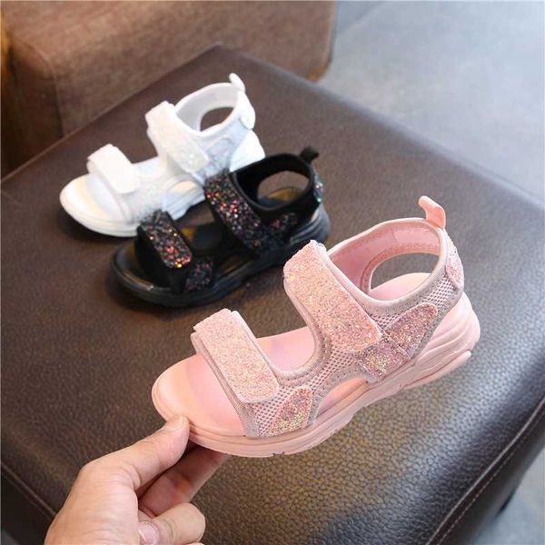 

non-slip 2021 summer new korean girls sequins beach shoes big children students casual sandals 0202, Black;red