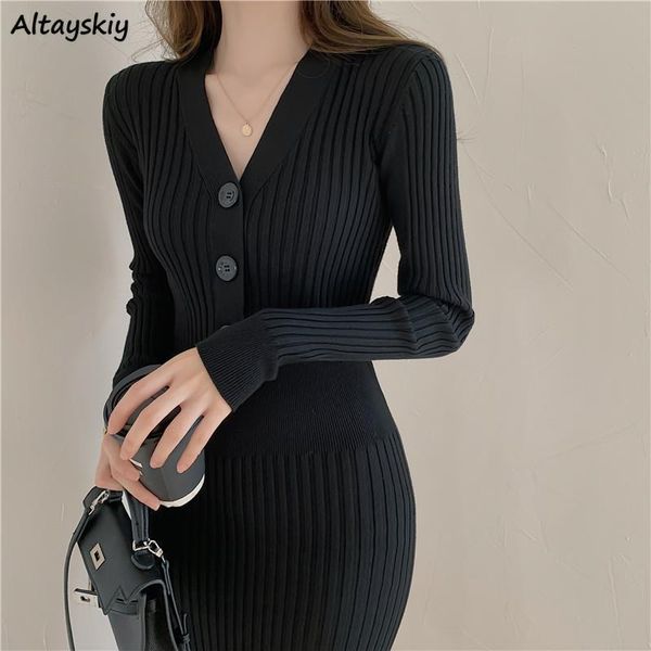 

casual dresses women long sleeve solid color sheath vneck buttons high waist ladies elegant vestidos knitting korean style bodycon 230202, Black;gray