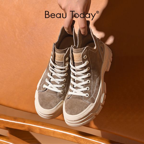 

dress shoes beautoday casual sneakers women suede leather round toe lace-high ladies retro fashion flat handmade 29575 230201, Black