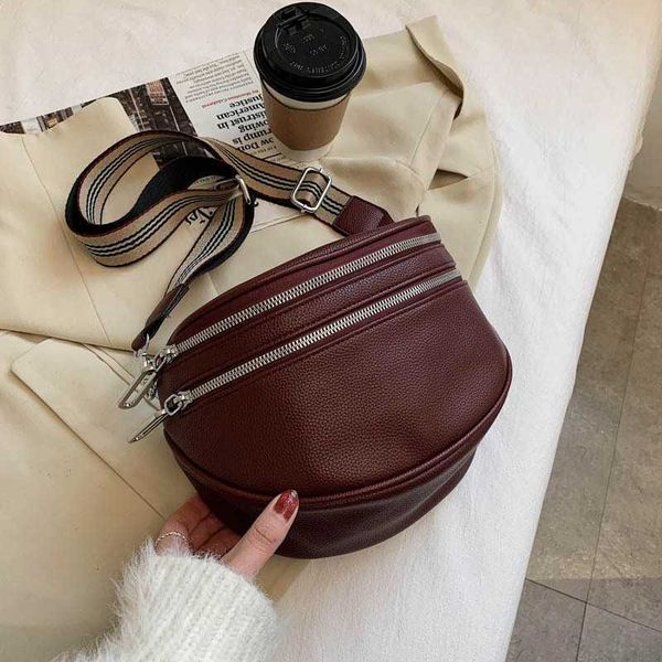 

elegant solid colour pu leather waist bags for women double zippers design pack female fanny wide strap crossbody bag 230202