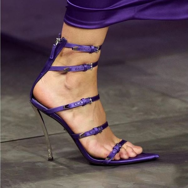 

high heel sandals ankle buckles roman shoes 11cm party shoes new designer purple satin lace women luxury metal padlock decoration summer san, Black