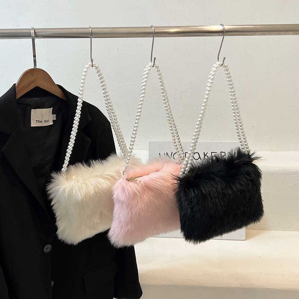 

ins fashion women solid color shoulder bags winter plush underarm pearl beaded strap fluffy hand travel purse 230202