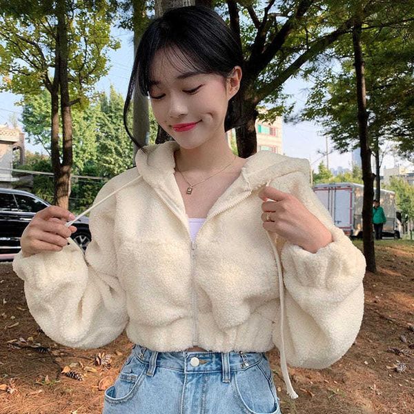 

women's hoodies sweatshirts 2023 spring new lamb hair zipper women short hoodie casual loose long sleeve female hooded sweatshirt y2302, Black