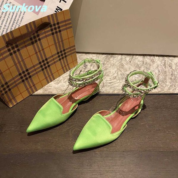 

est crystal decrotion flat shoes light green pointed toe shallow silk women buckle strap comfortable 220202, Black