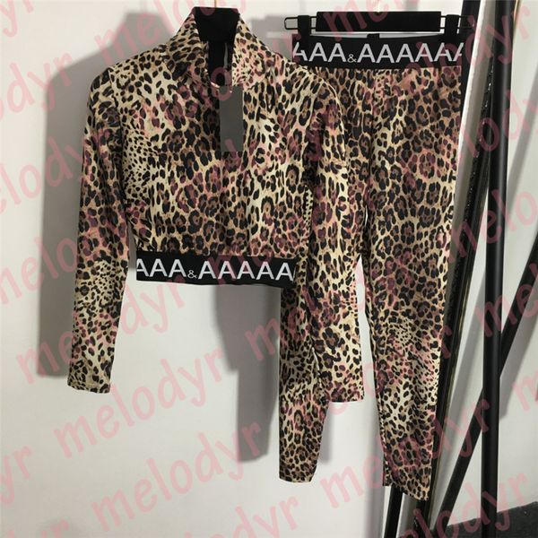 

leopard print tracksuit high neck sport tees letter elastic waist leggings fashion brand womens sportswear, Black