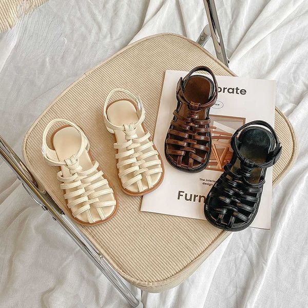 

girls sandals 2022 summer new children woven solid color fashion roman shoes korean beach casual shoe 0202, Black;red