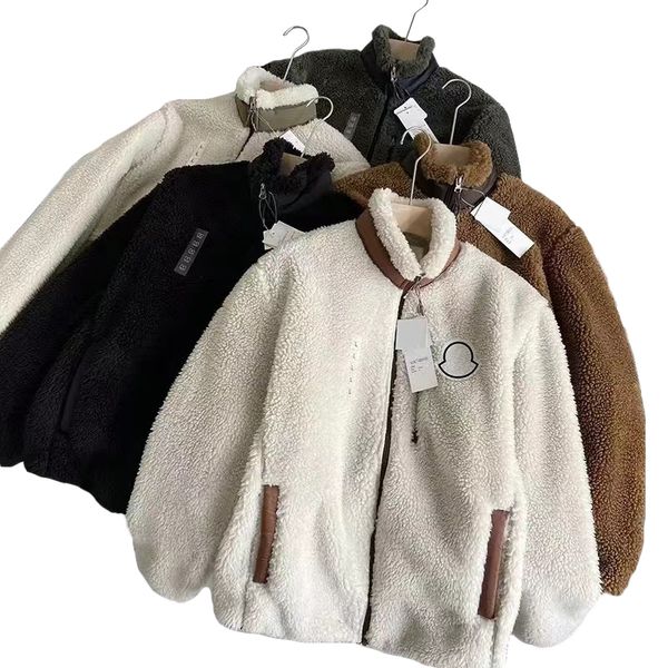 

men's artificial fur lamb jacket men's women's letter printed zipper cardigan jacket harajuku couple jacket winter windproof, Black