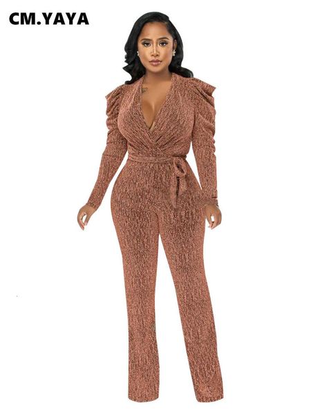 

women's plus size pants cm.yaya vintage women puff long sleeve sashes high waist wrap v-neck straight jumpsuit ol fashion street suit p, Black