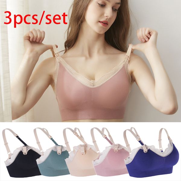 

maternity intimates 3pcs seamless nursing bra lace breathable wireless front open closure breastfeeding bras for pregnant women clothing 230, White