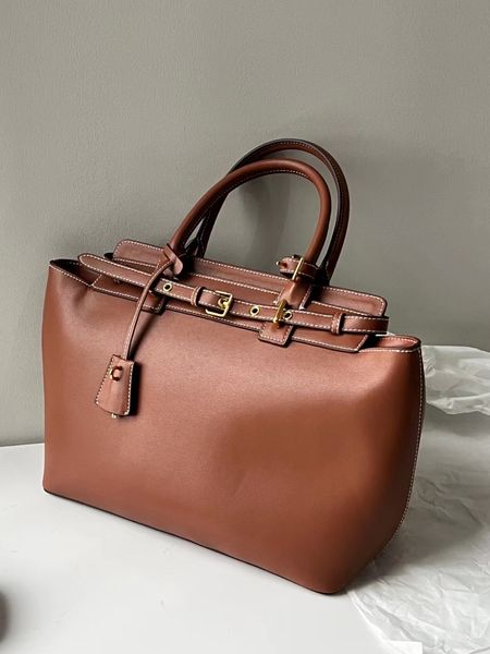 

designer conti business tote bags brown real calf leather large capacity handbags women office totes bag gold lock hardware belt closure han
