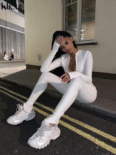 

women's jumpsuits rompers kliou solid blackwhite bodycon jumpsuit women sporty summer fitness long sleeve zipper elastic 230201, Black;white