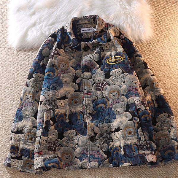 

men's trench coats gold silk full print bear baseball uniform men couple 3d relief jacket lapel single breasted streetwear casual haraj, Tan;black