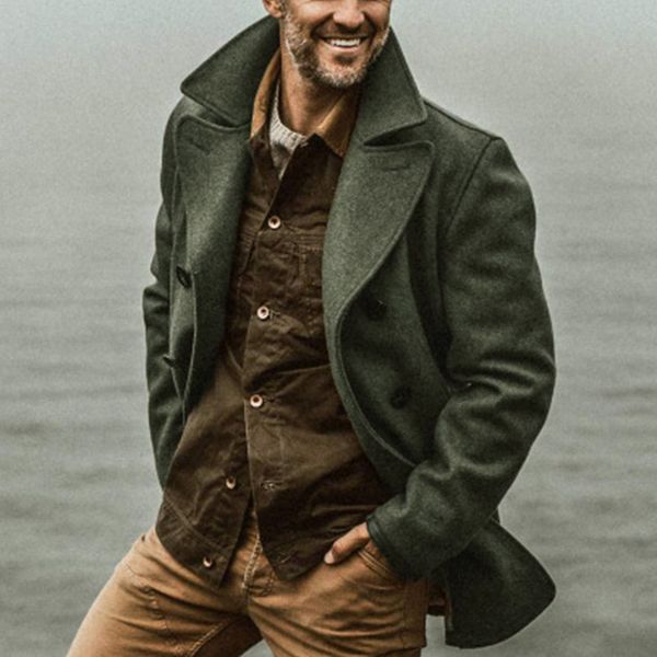 

men's trench coats fashion solid color wool outerwear winter vintage turndown collar double breasted overcoat casual long jackets 23020, Tan;black