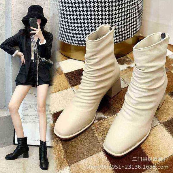 

women boots high heeled wrinkled knight children's winter new korean version medium tube back zipper british women's 07091011, Black