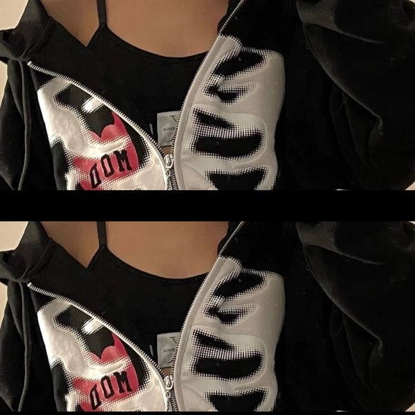 

women's hoodies sweatshirts 90s zip-up y2k harajuku oversized skeleton goth female grunge hooded with zipper hood skull sweatshirt 2302, Black