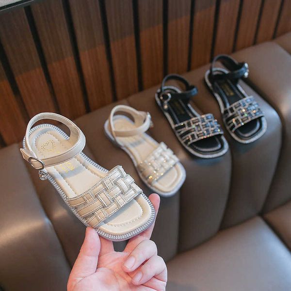 

summer new girls sandals 2022 weave princess rhinestone round-toe flat open-toe kids fashion versatile children black shoes pu 0202, Black;red