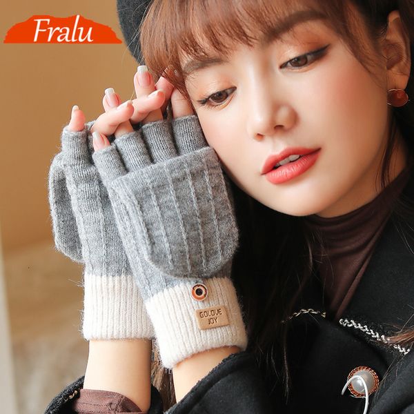 

mittens fralu autumn and winter knitted gloves ladies outdoor windproof warmth fingerless flip cover allmatch woolen 230202, Blue;gray
