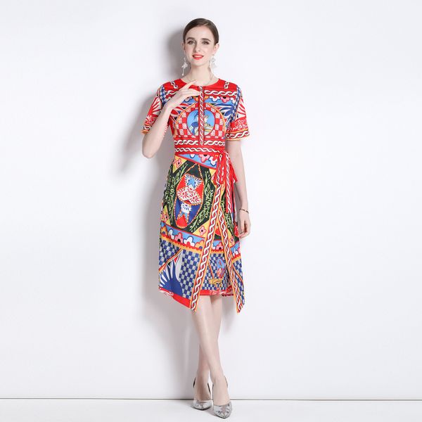 

fashion runway dress 2023 spring summer asymmetric printed midi vestidos o-neck short sleeve sashes sliming party vacation dresses, Black;gray
