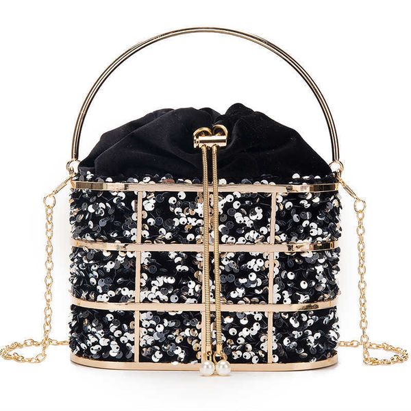 

velvet metal cage evening clutch bag for women 2021 handbags and purses luxury sequins chain bucket bridal wedding party 230202