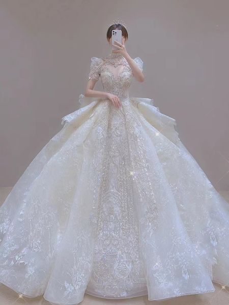 

2023 luxury beaded embroidery ball gowns wedding dresses princess gown corset sweetheart organza ruffles cathedral train sequined crystal pl, White