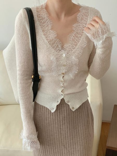 

women's knits tees colorfaith swc3563jxq korean fashion chic vintage sweater lace women autumn winter knitted v-neck cardigans elegant, White