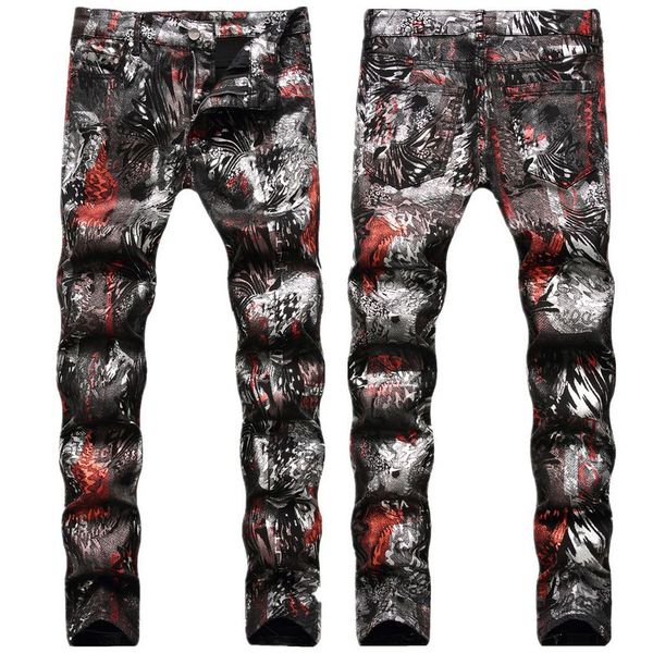 

men's jeans european american style mainstream fashion personality leopard pattern color painting print graffiti slim pants trend pants, Blue