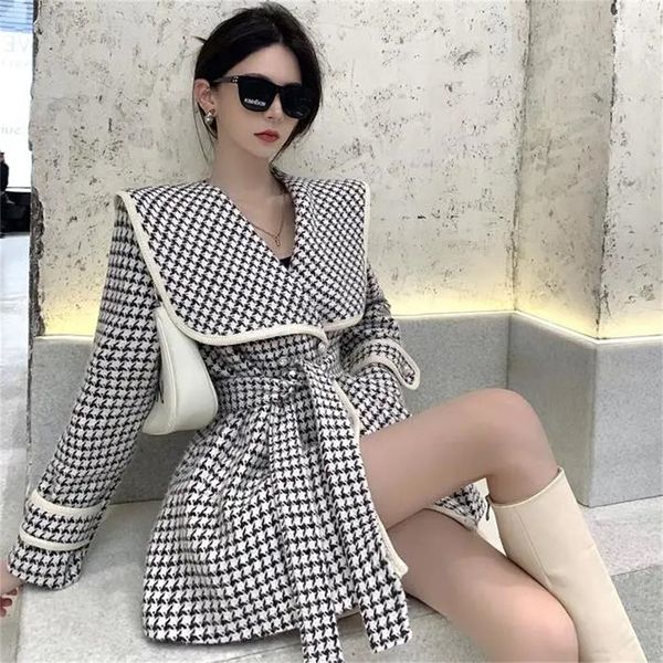 

womens trench coats suit belt thick outerwear jacket warm autumn winter blazer woolen coat women elegant double breasted houndstooth ol 2302, Tan;black