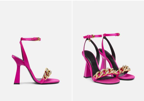 

luxury genuine leather chain high heel sandals fashion party woman ankle strap sandal open toe mid-heel pumps, Black