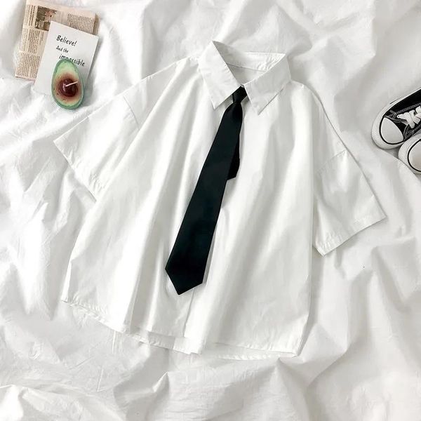

women's blouses shirts white shirts women with tie japanese style preppy students bf oversized blouse simple solid loose summer l3204 2