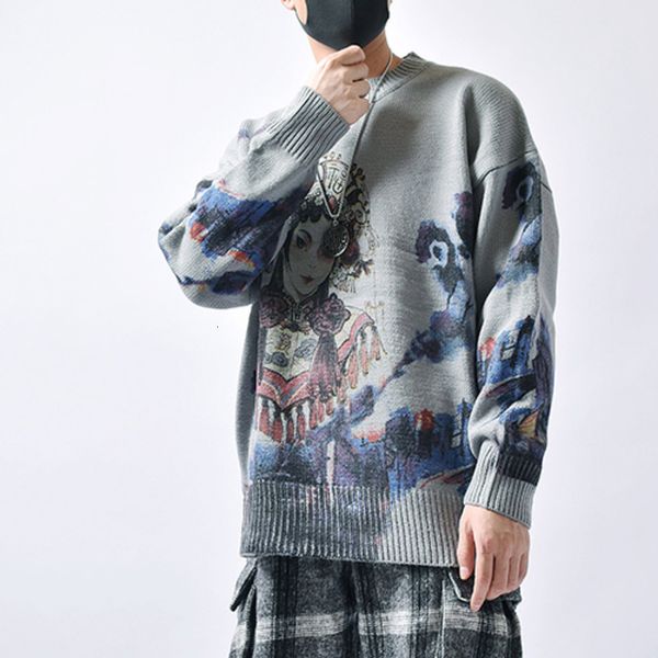 

men's sweaters hip hop men autumn couple knitted jumper anime beijing opera printed vintage pullovers harajuku grey 230203, White;black