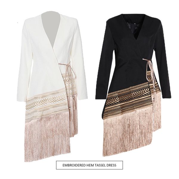 

women's suits blazers loose fit spliced contrast color tassel belt embroidery vneck long sleeve women coat fashion autumn winter jacket, White;black